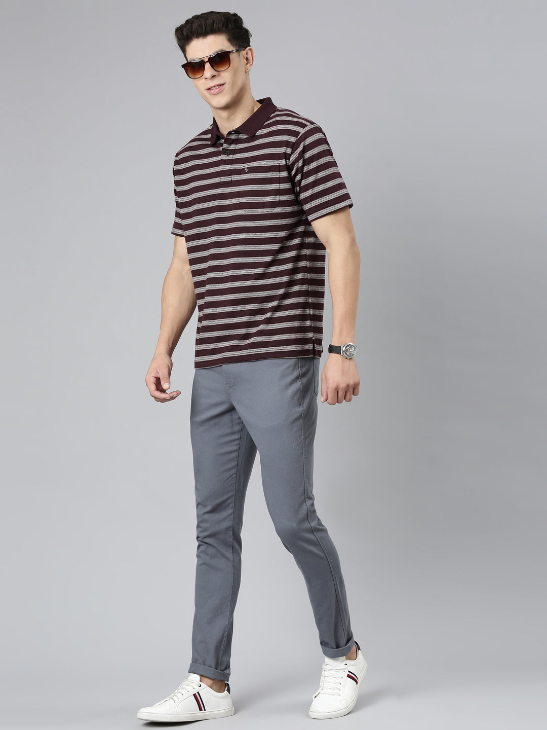 Classic Polo Mens Striped Wine/Grey Polo Neck Authentic Fit T-Shirt | AVON - 559 B AF P