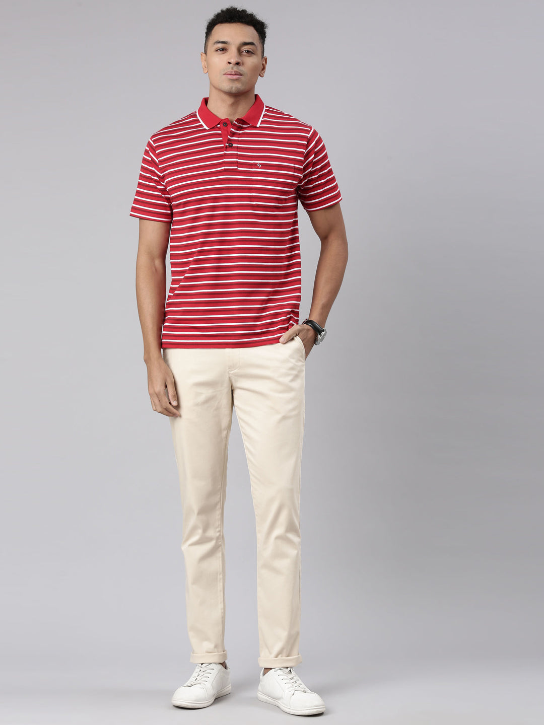 Classic Polo Men's Half Sleeve Red/White Polo Neck Cotton Blend Authentic Fit T-Shirt | FEEDERS - 259 A AF P