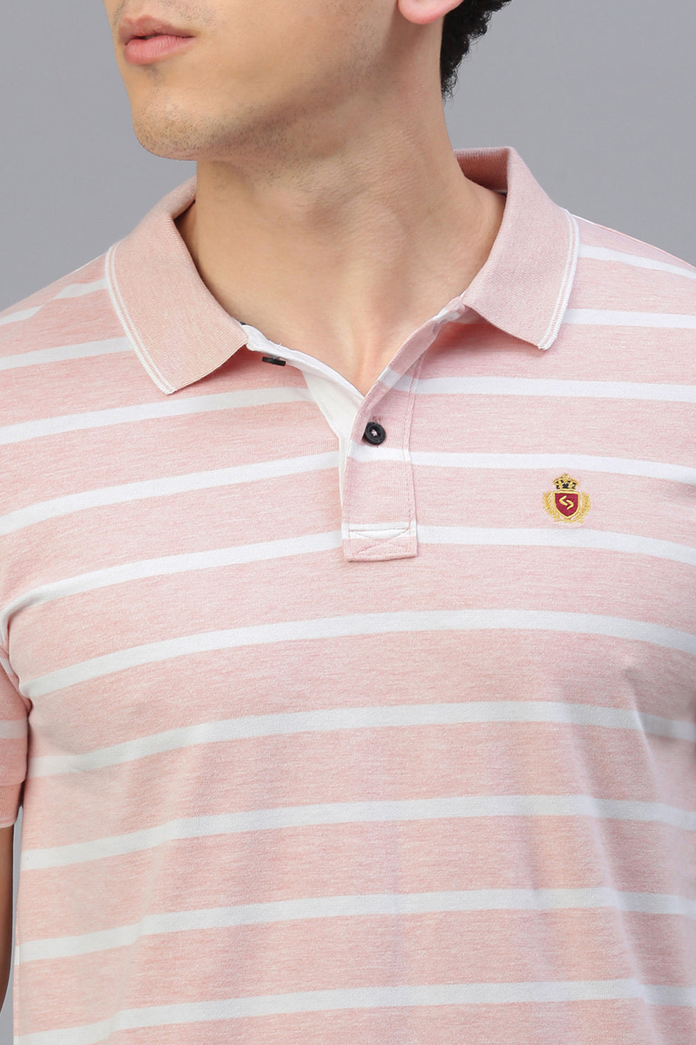 Classic Polo Men's Half Sleeve Lt.Peach/White Polo Neck Slim Fit Striped T-Shirt