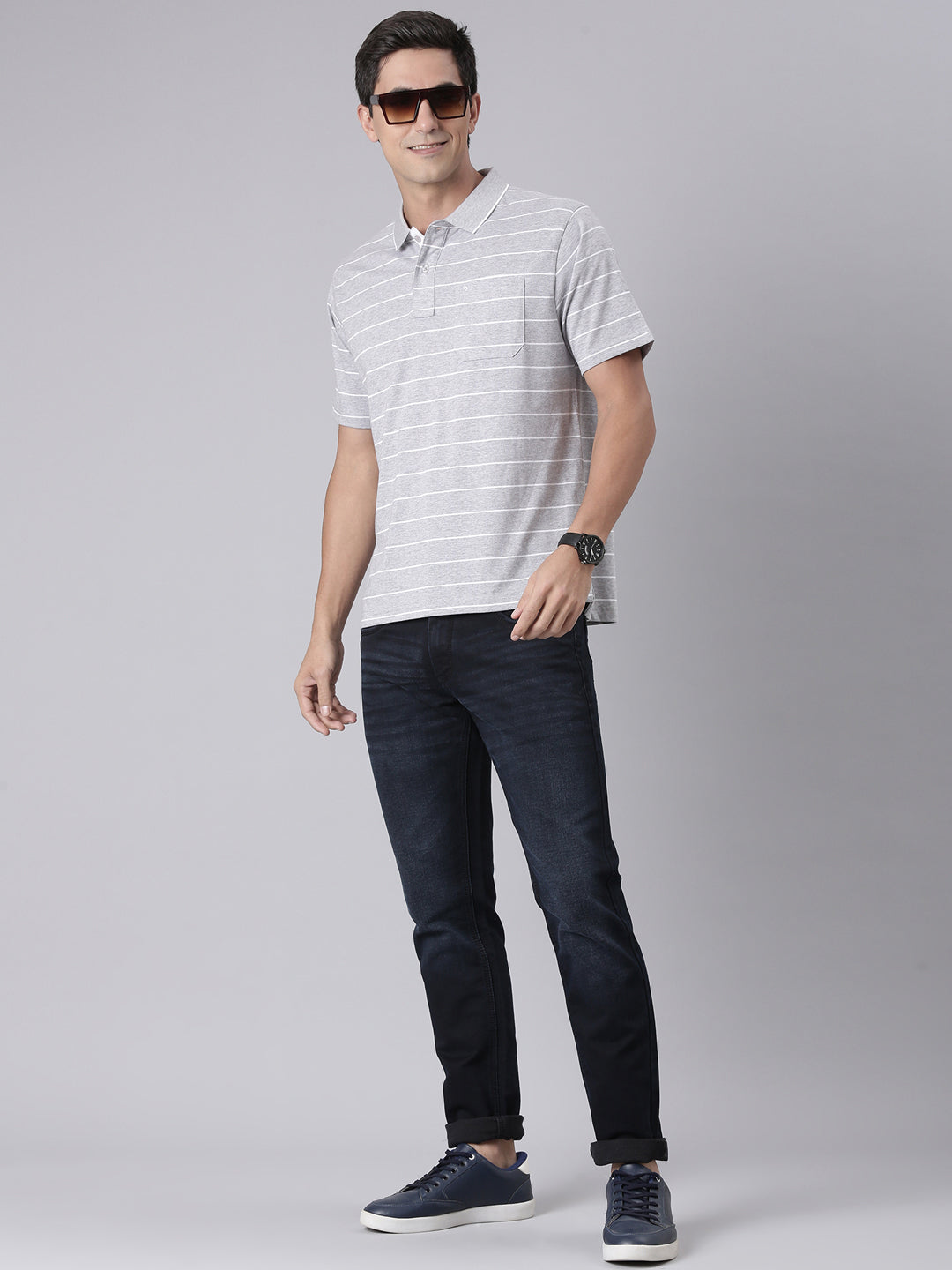 Classic Polo Men's Half Sleeve Grey/White Polo Neck Authentic Fit Striped Cotton T-Shirt | MEL - 271 B AF P