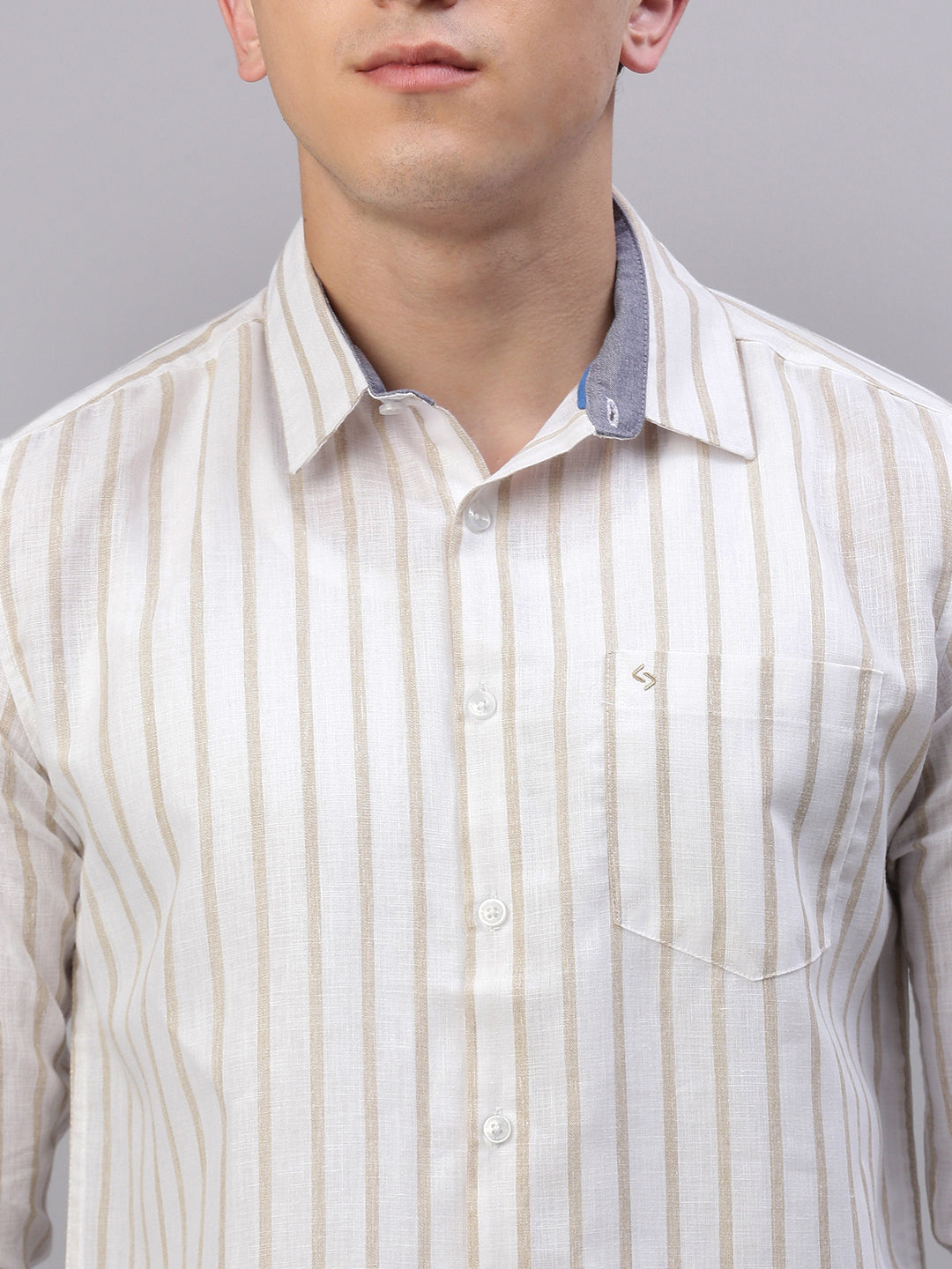 Classic Polo Men's Full Sleeve White/Beige Polo Neck Slim Fit Striped Casual Shirt||SQ1-EL-12 B-FS-STR-SF
