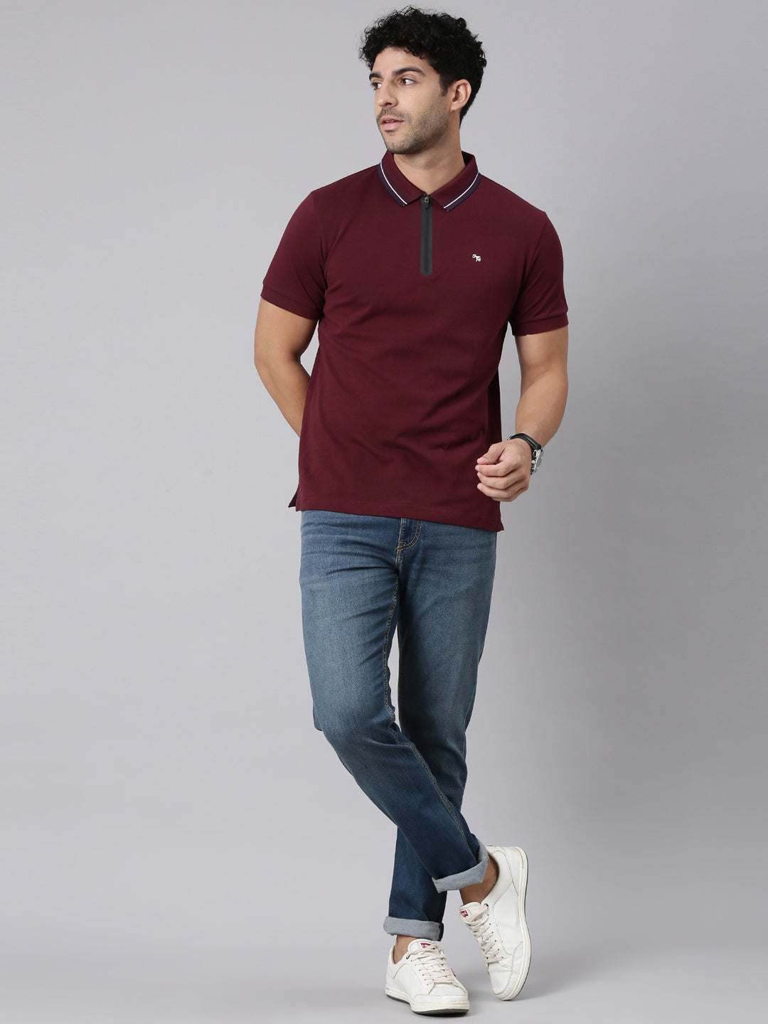 Classic Polo Men's Zipper Half Sleeve Maroon Polo Neck Slim Fit Solid Cotton T-Shirt | PRM - 830 B SF P