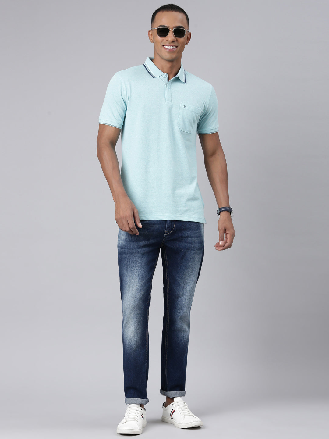 Classic Polo Mens Solid Aqua Blue Polo Neck Slim Fit T-Shirt | TOY-TOZA-AQUA SF P