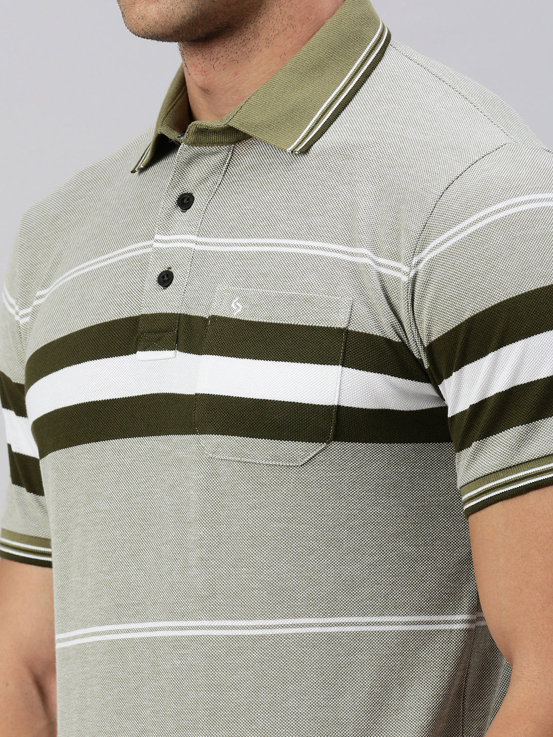 Classic Polo Men's Half Sleeve Grey/Olive Polo Neck Slim Fit Striped T-Shirt | VTA - 285 A SF P