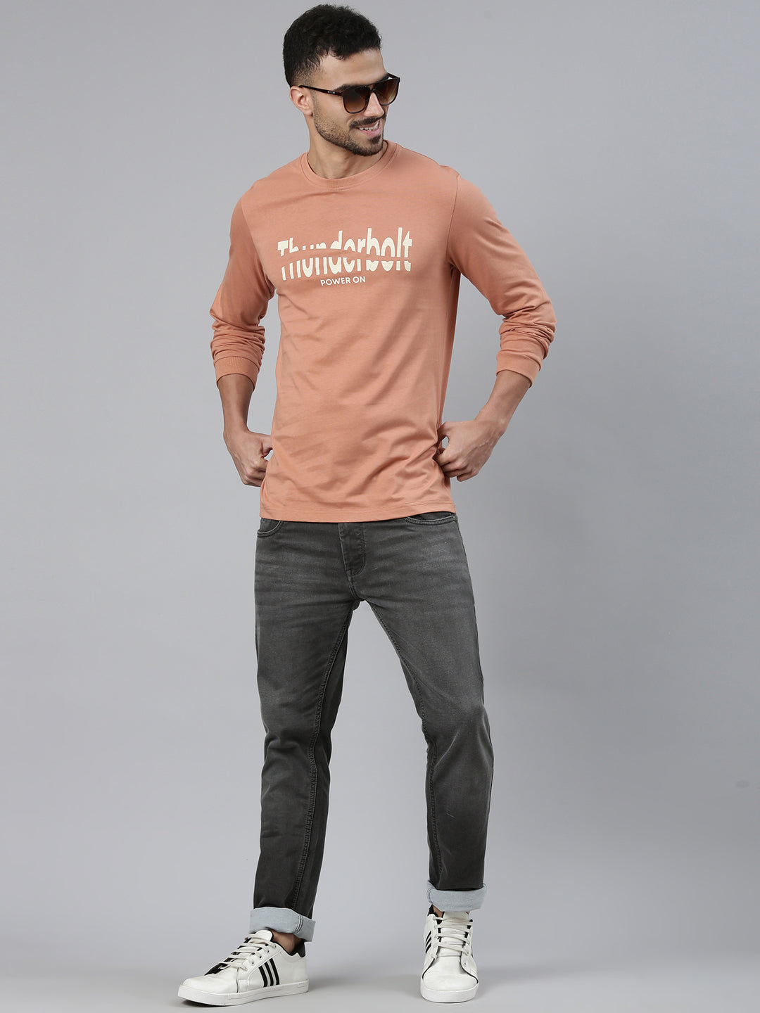 Classic Polo Men's Full Sleeve Brown Crew Neck Slim Fit Printed Cotton T-Shirt | GEN-X-CREW-FS 04 B SF C