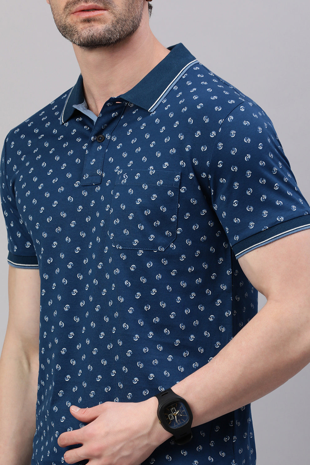 Classic Polo Men's Half Sleeve Navy Blue Polo Neck Slim Fit All-Over Print T-Shirt