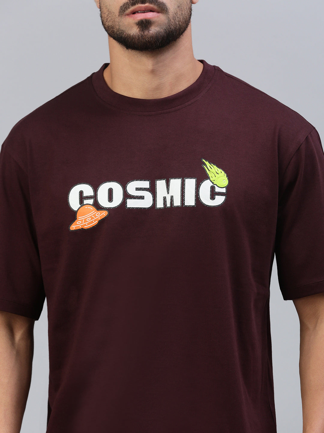 Classic Polo Men's Half Sleeve Burgundy Crew Neck Slim Fit Printed Drop Shoulder T-Shirt||GENX-CREW 77 B SF C