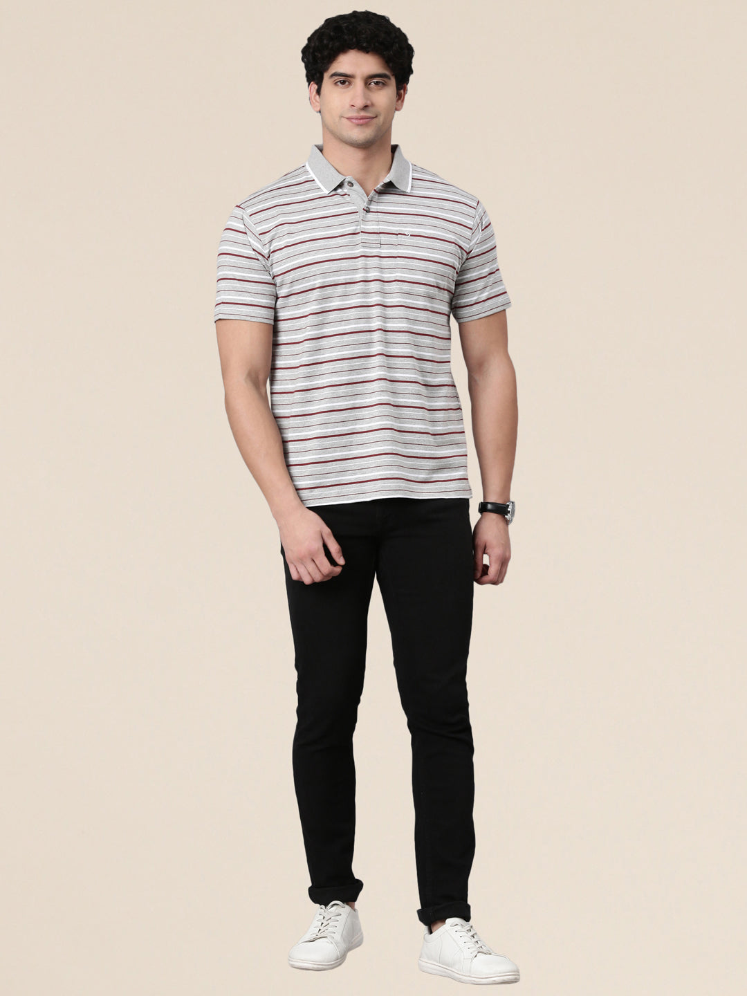 Classic Polo Men's Half Sleeve Grey/Maroon Polo Neck Authentic Fit Striped Cotton Blend T-Shirt | FEEDERS - 308 A AF P