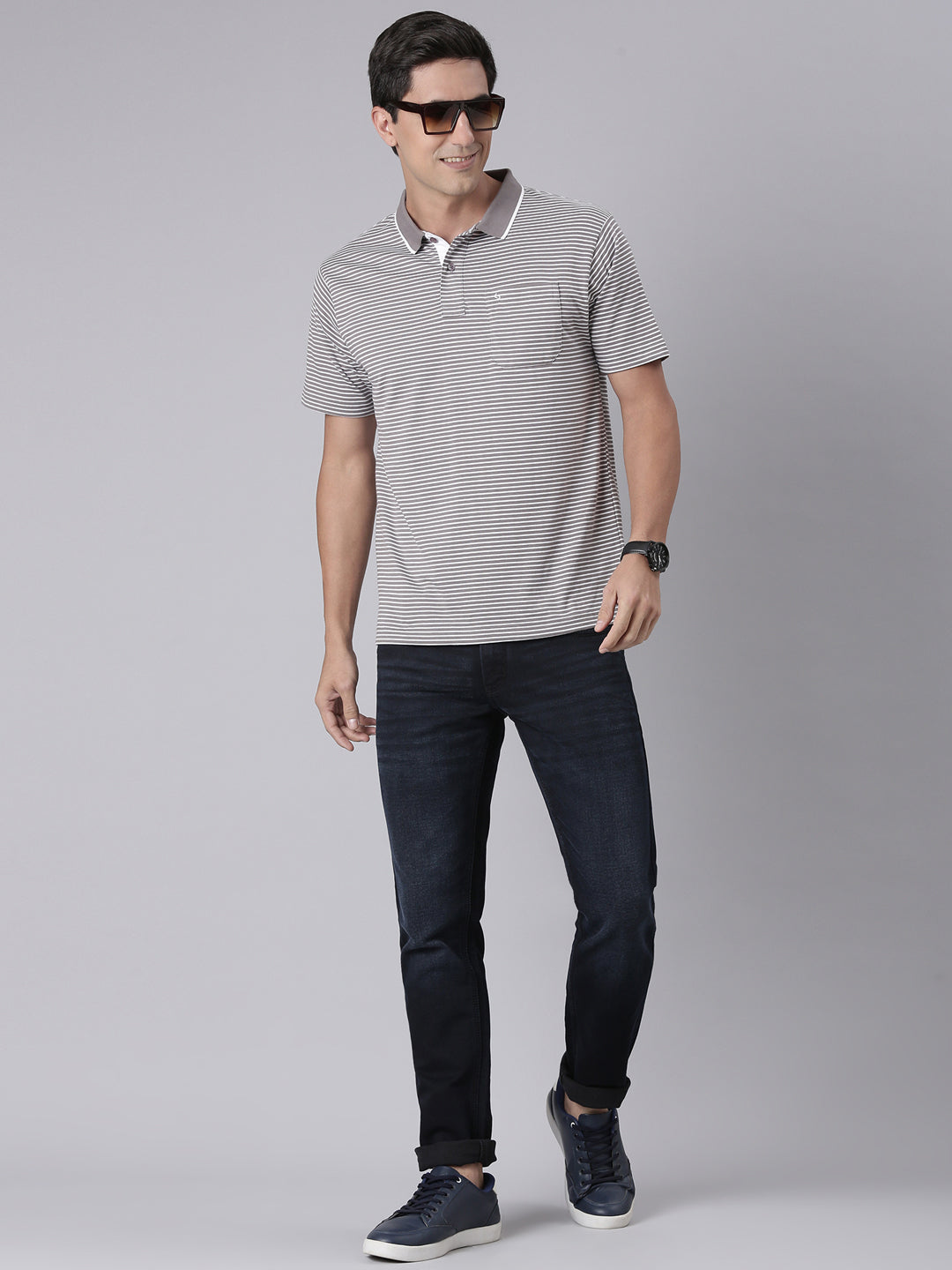 Classic Polo Men's Half Sleeve Grey/White Polo Neck Authentic Fit Striped Cotton T-Shirt | FEEDERS - 296 A AF P