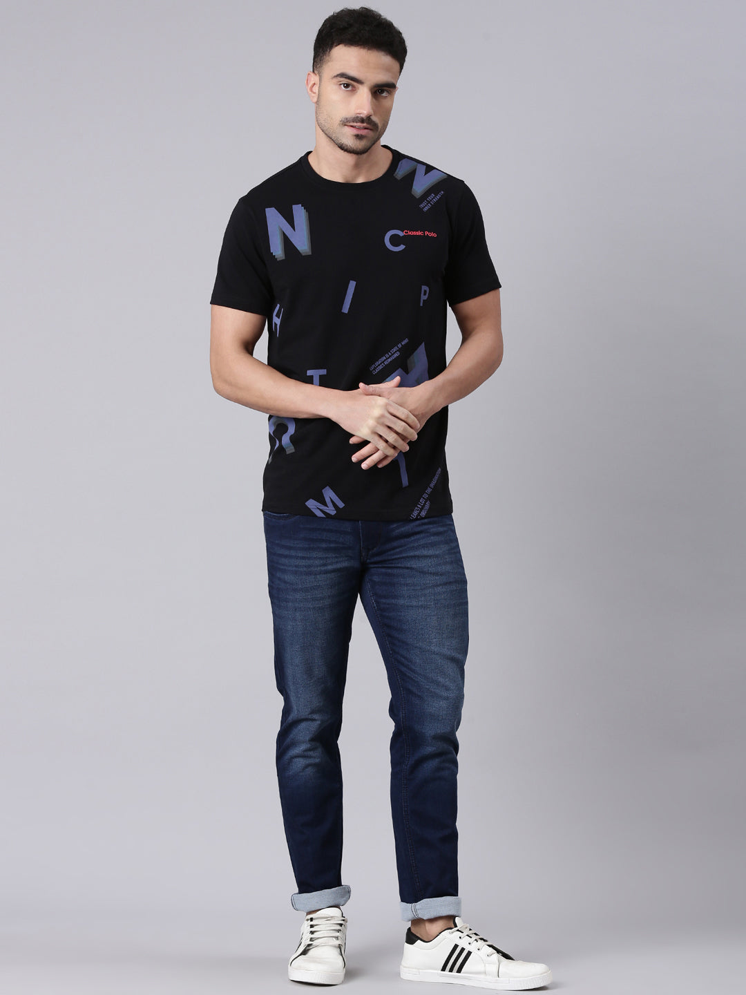 Classic Polo Men's Half Sleeve Black Round Neck Slim Fit Printed Cotton T-Shirt | BALENO - 625 B SF C