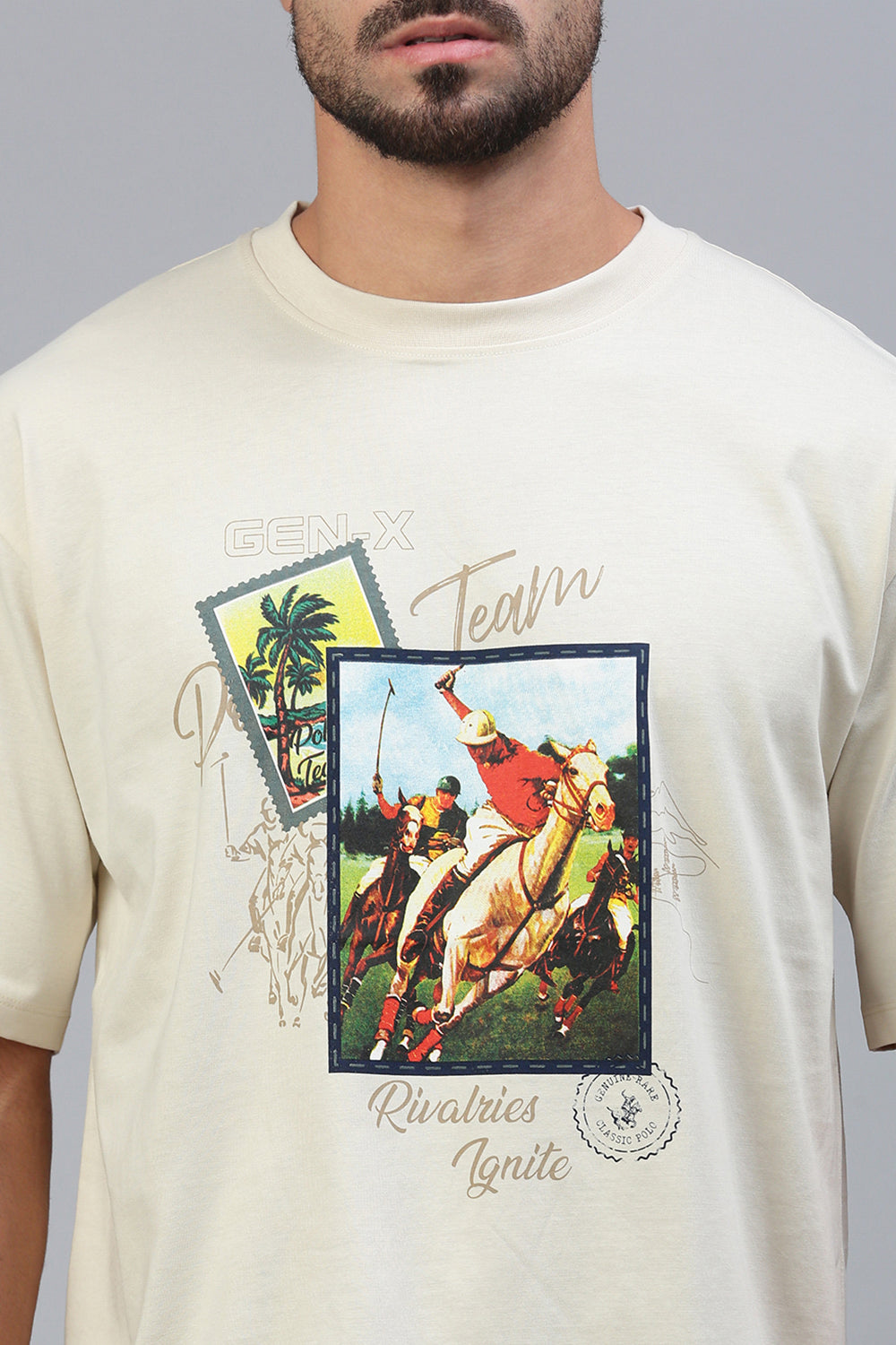 Classic Polo Men's Half Sleeve Beige Crew Neck Slim Fit Printed Drop Shoulder T-Shirt