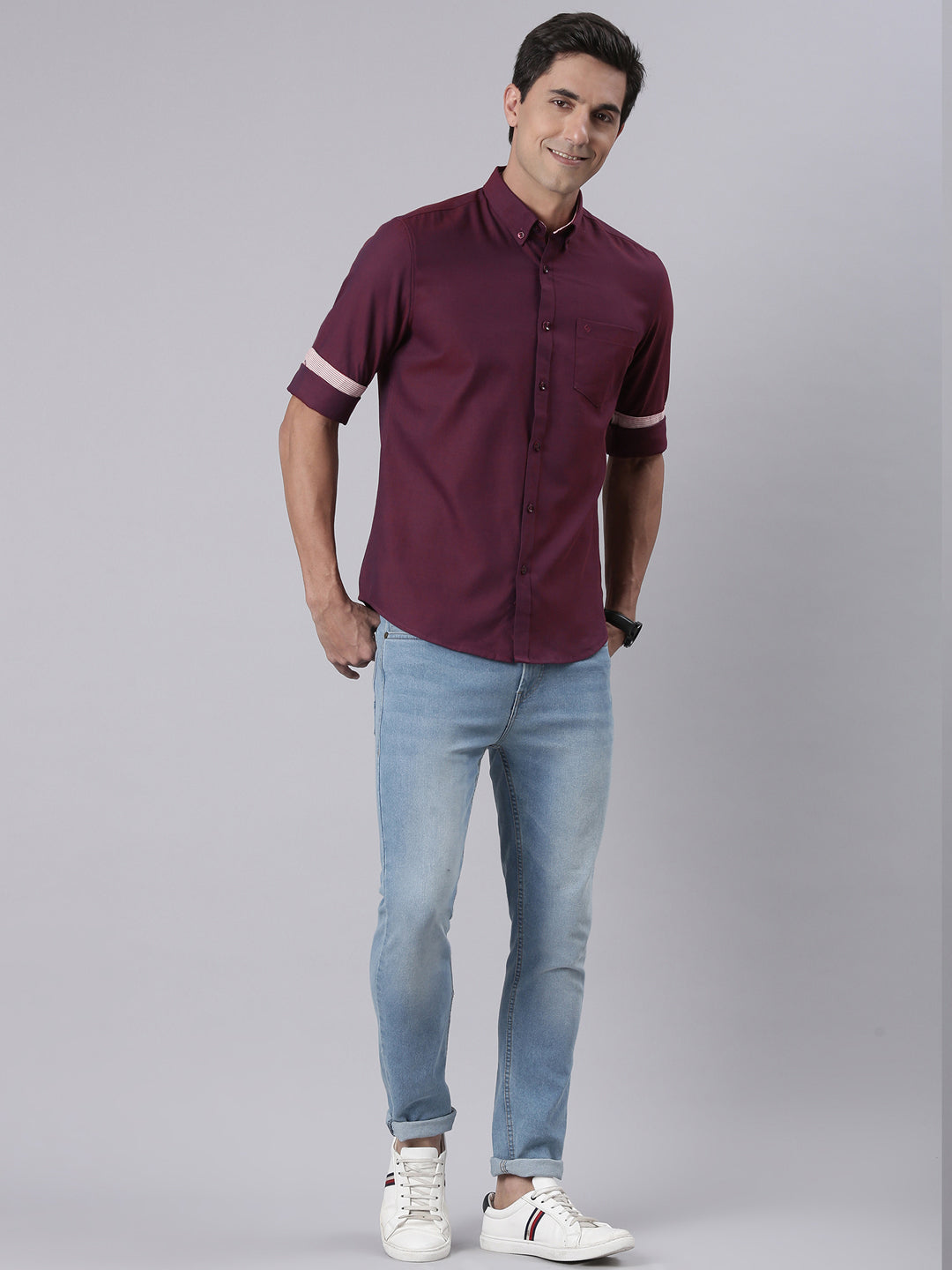 Classic Polo Men's Full Sleeve Maroon Polo Neck Slim Fit Solid Cotton Casual Shirt | TOY-ENZO-MAROON MF FS