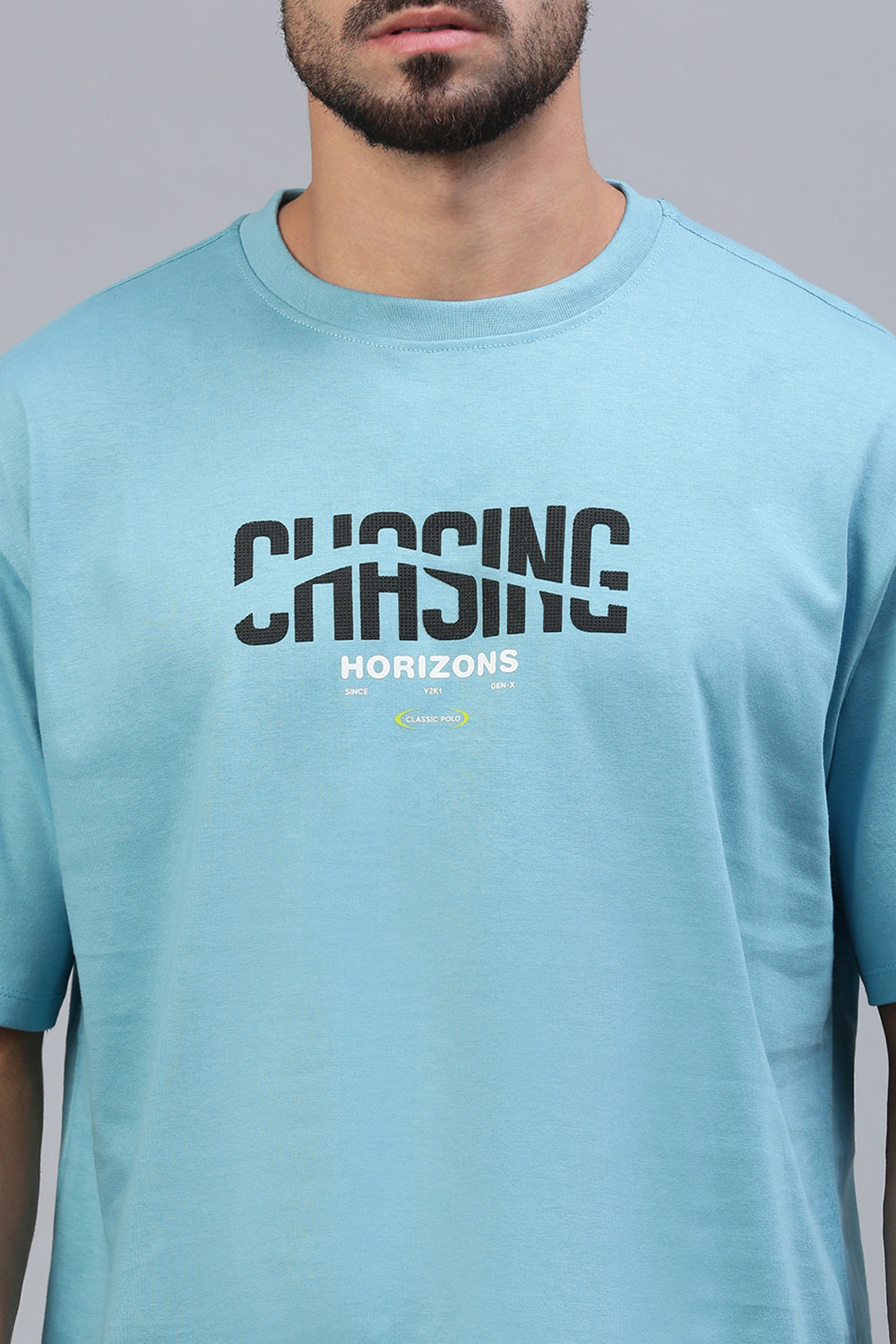 Classic Polo Men's Half Sleeve Blue Crew Neck Slim Fit Printed Drop Shoulder T-Shirt