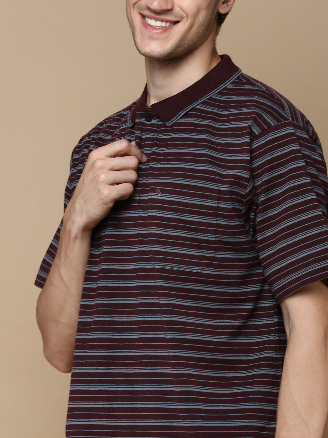Classic Polo Men's Half Sleeve Burgundy Polo Neck Authentic Fit Striped T-Shirt | FEEDERS - 264 A AF P
