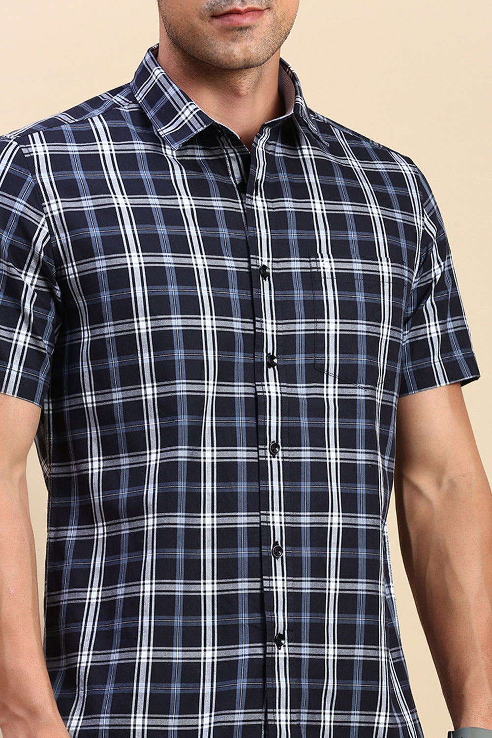 Classic Polo Men's Half Sleeve Navy/White Polo Neck Slim Fit Checked Shirt | SP2-CL-76 B-HS-CHK-SF