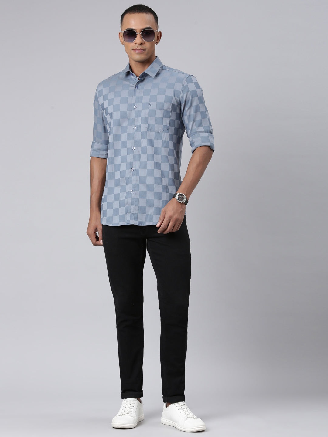 Classic Polo Mens Checks Blue/Grey Polo Neck Woven Slim Fit Shirt | SO2-110 A-FS-CHK-SF