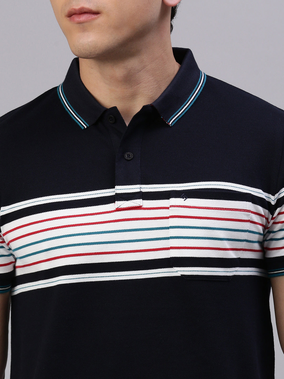 Classic Polo Men's Half Sleeve Navy Blue/White Polo Neck Slim Fit Striped T-Shirt||VTA - 302 B SF P