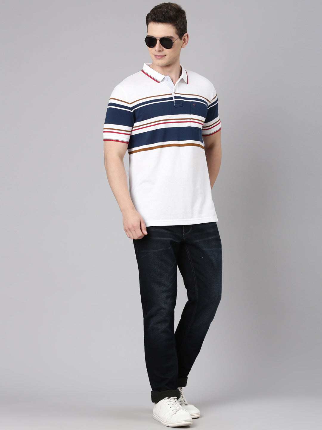 Classic Polo Men's Half Sleeve White/Navy Blue Polo Neck Slim Fit Colorblock Cotton Blend T-Shirt | VTA - 312 A SF P
