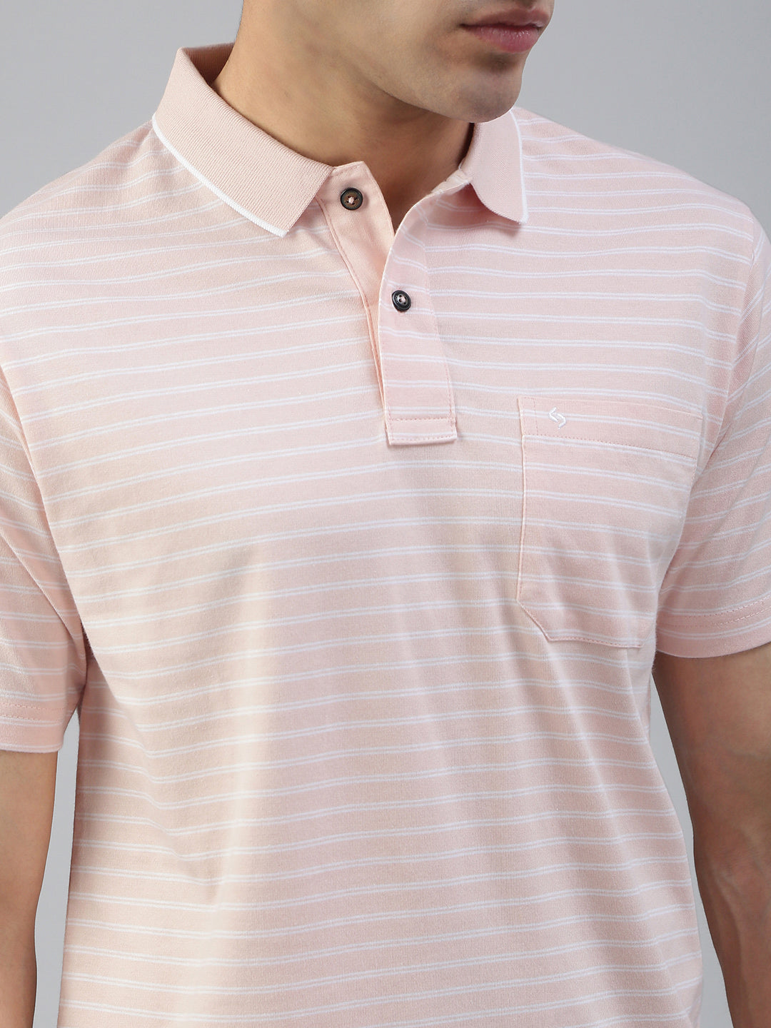 Classic Polo Men's Half Sleeve Lt.Peach/White Polo Neck Authentic Fit Striped T-Shirt||FEEDERS - 273 B AF P