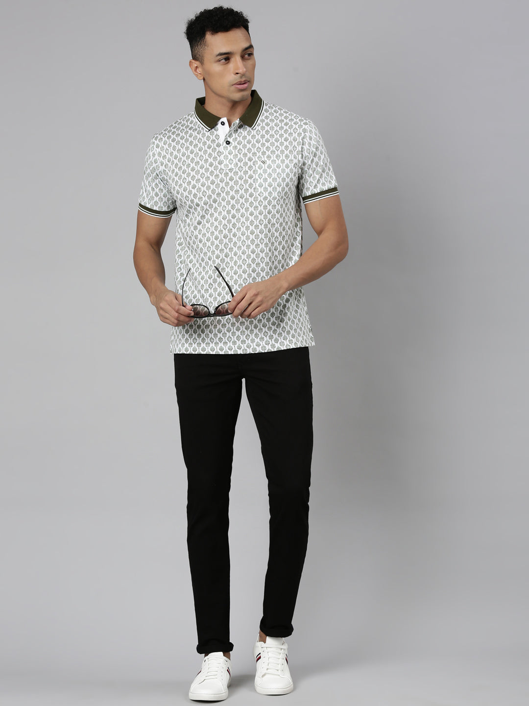 Classic Polo Men's Polo Neck Cotton White/Olive Slim Fit Printed T-Shirt | BELLO-287 A SF P