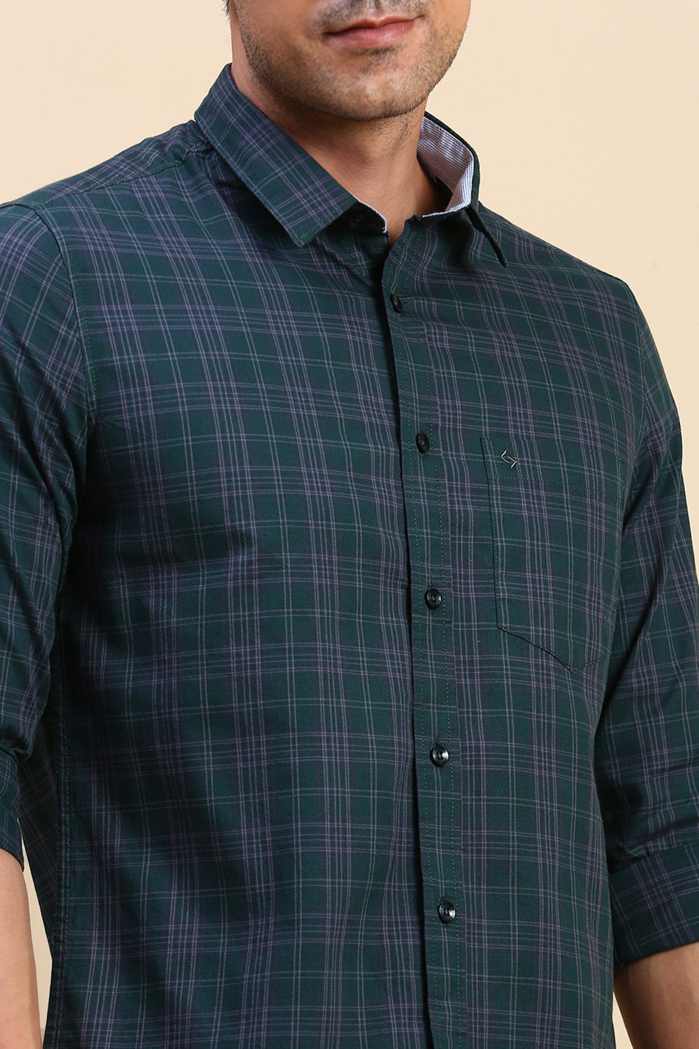 Classic Polo Men's Full Sleeve Dark Green Polo Neck Slim Fit Checked Shirt | SP2-CL-78 A-FS-CHK-SF