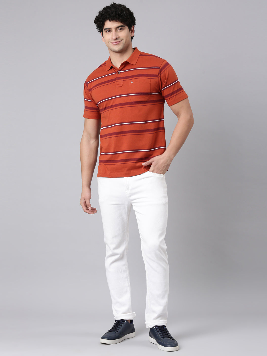 Classic Polo Men's Half Sleeve Rust Polo Neck Authentic Fit Striped Cotton Blend T-Shirt | AVON - 648 B AF P