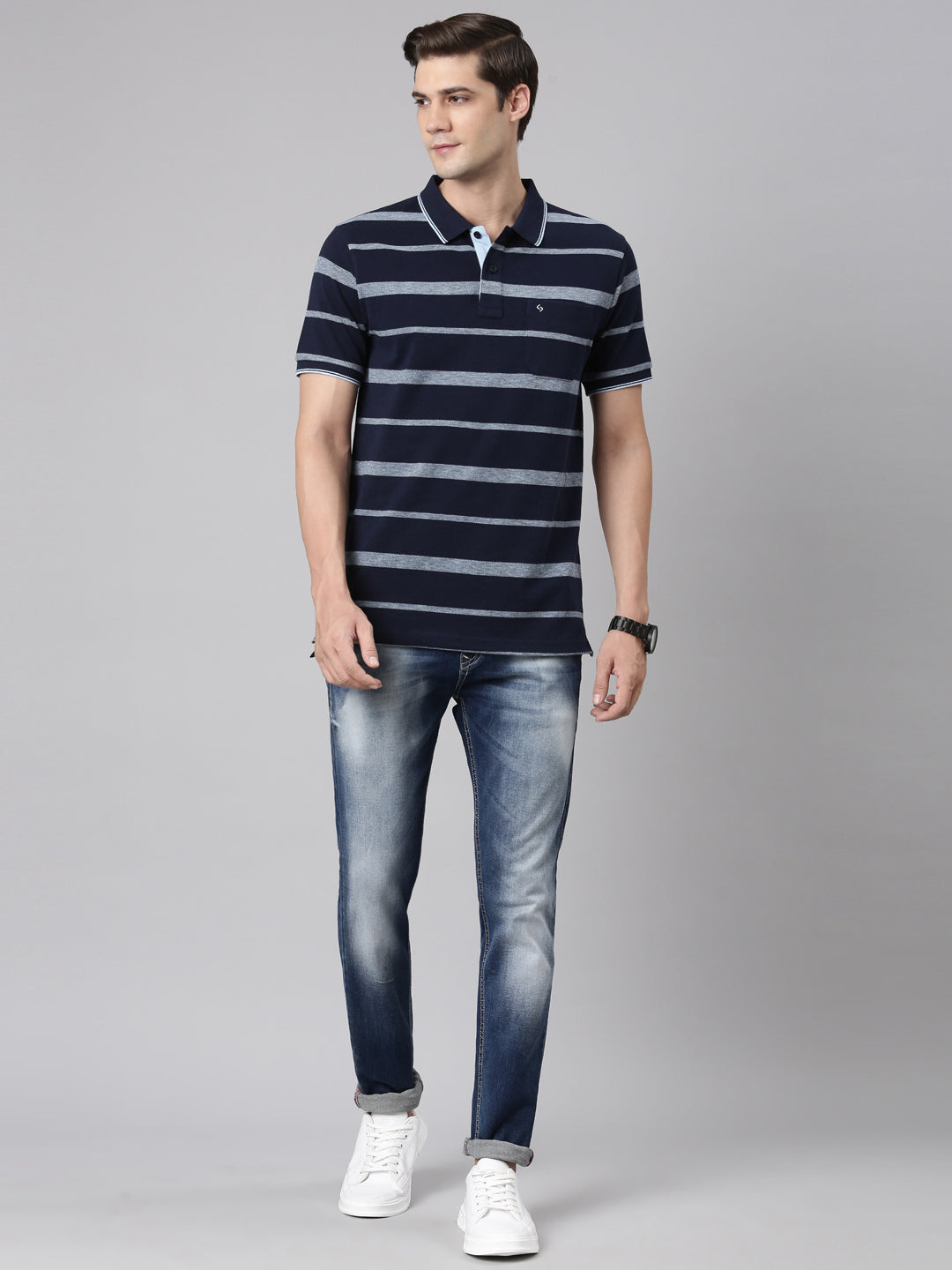Classic Polo Men's Polo Neck Cotton Navy Blue Slim Fit Striped T-Shirt | ADORE-219 A SF P