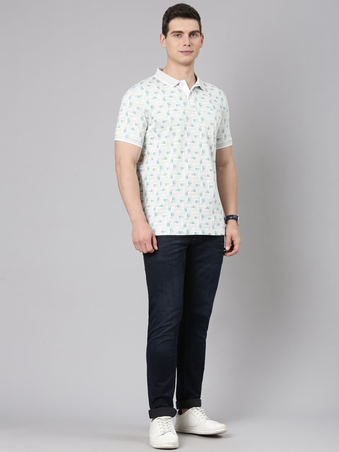 Classic Polo Men's Half Sleeve Lt.Grey/Blue Polo Neck Slim Fit All Over Print Cotton T-Shirt | BELLO - 345 A SF P