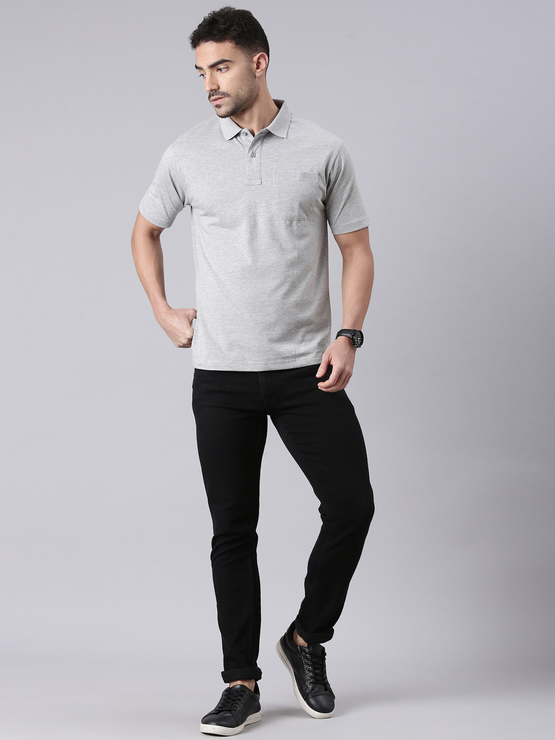 Classic Polo Men's Half Sleeve Grey Melange Polo Neck Authentic Fit Solid Cotton T-Shirt | TOY-SOLIX-G.MEL AF P