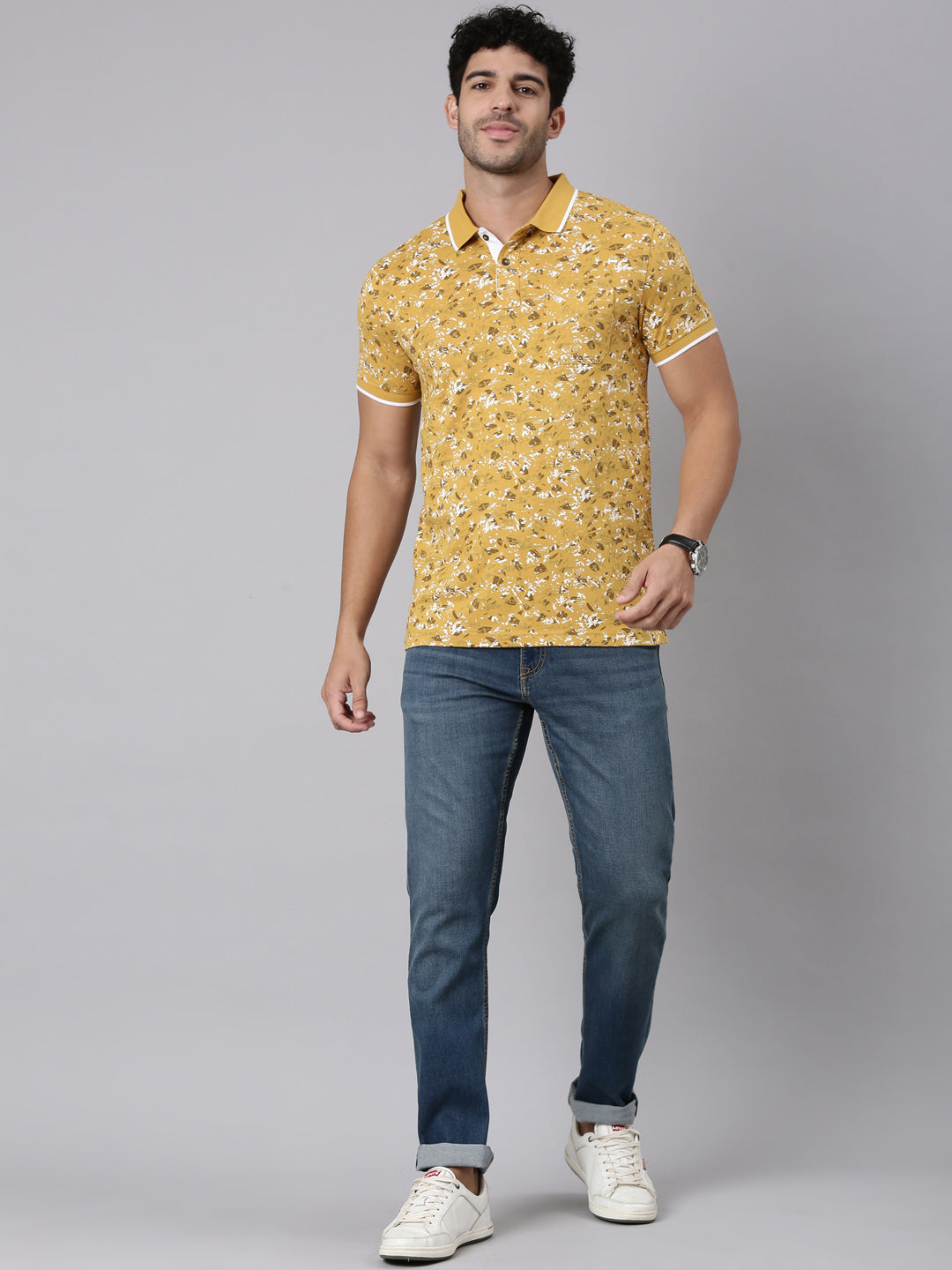 Classic Polo Men's Half Sleeve Mustard Yellow Polo Neck Slim Fit All-Over Print Cotton T-Shirt | LTS-AOP - 129 B SF P