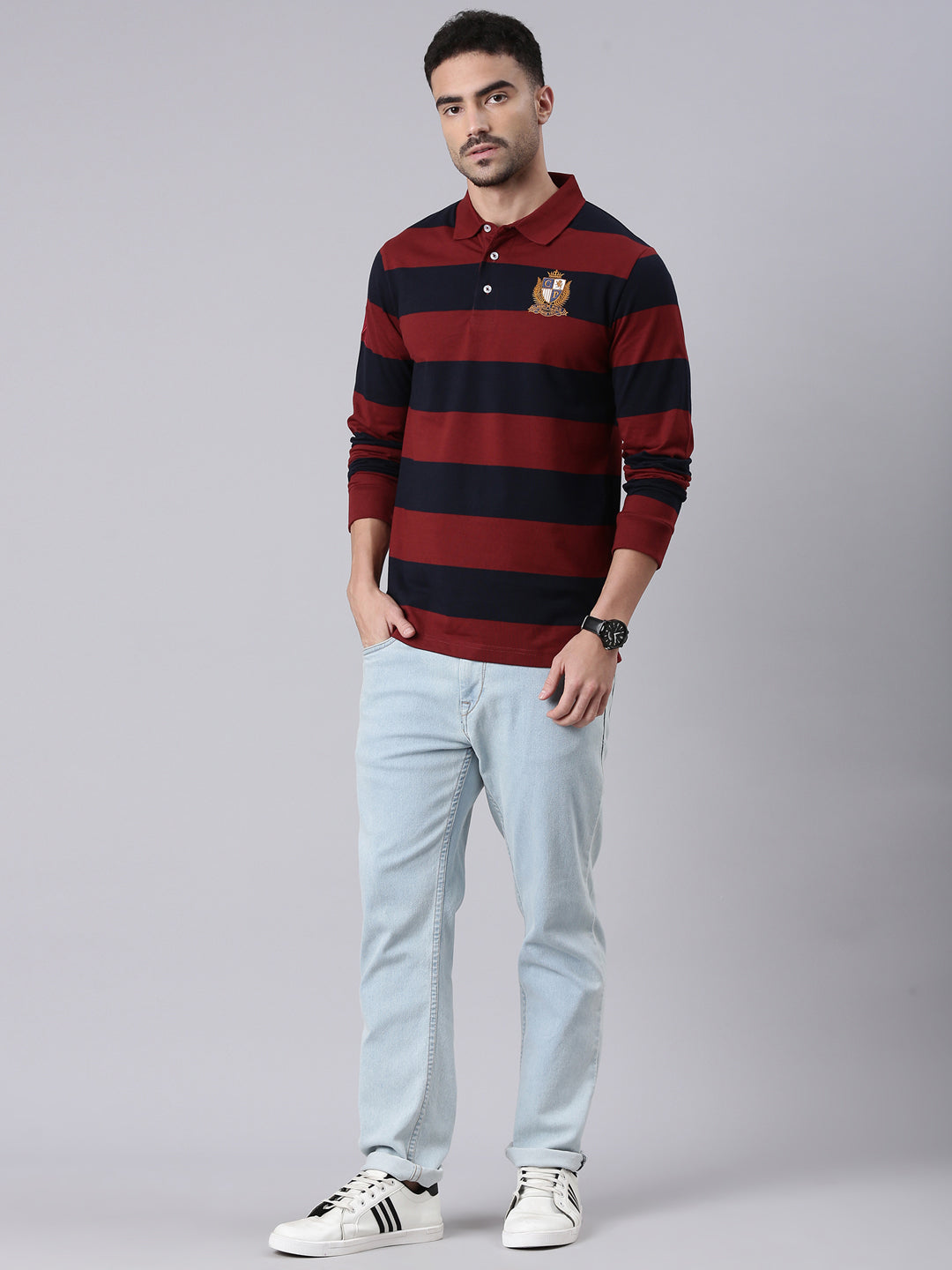 Classic Polo Men's Full Sleeve Maroon/Black Polo Neck Slim Fit Colorblock Cotton T-Shirt | LTS-FSH - 126 B SF P