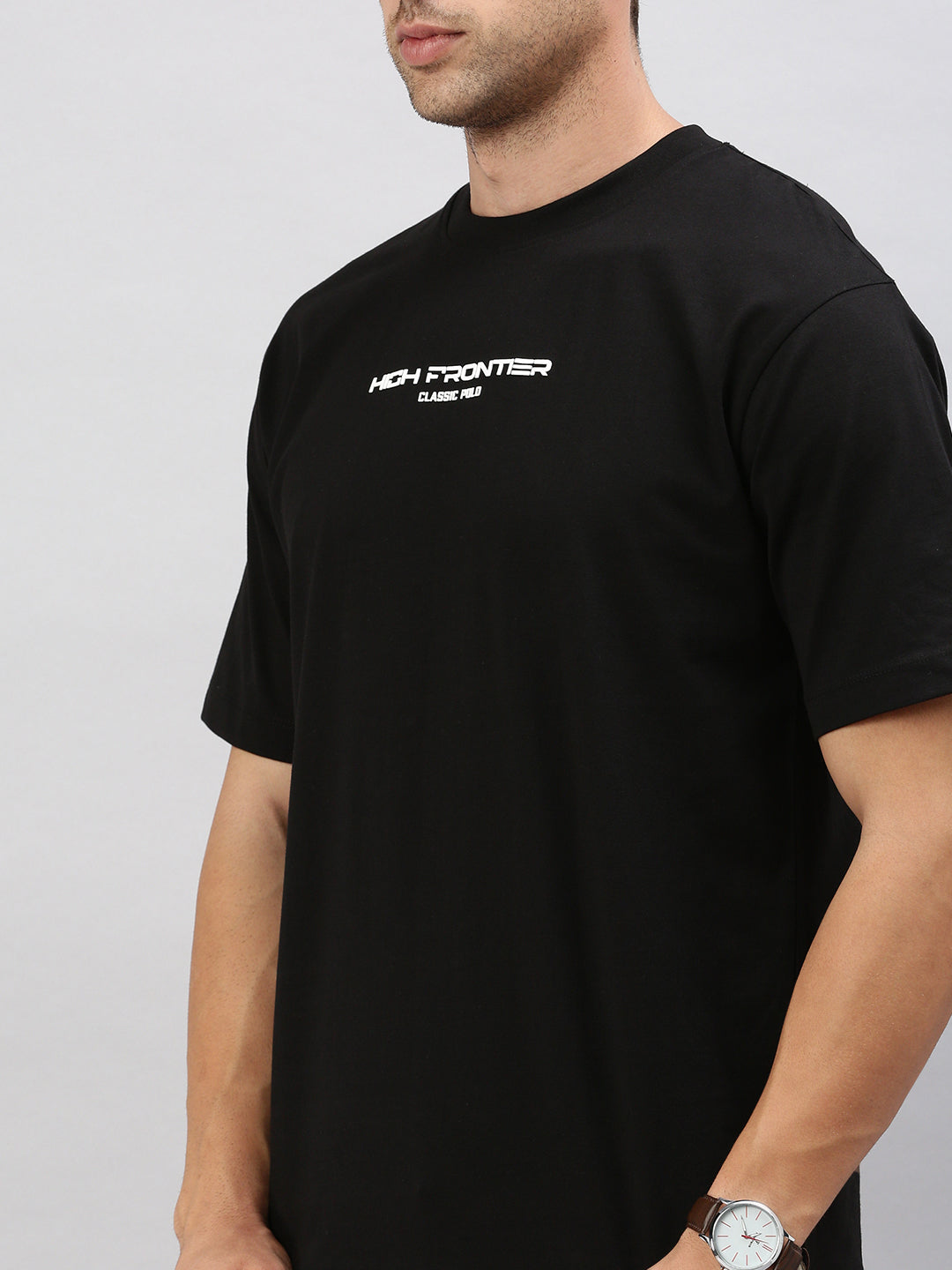 Classic Polo Men's Half Sleeve Black Crew Neck Slim Fit Printed Oversized T-Shirt | GENX-CREW 53 B SF C