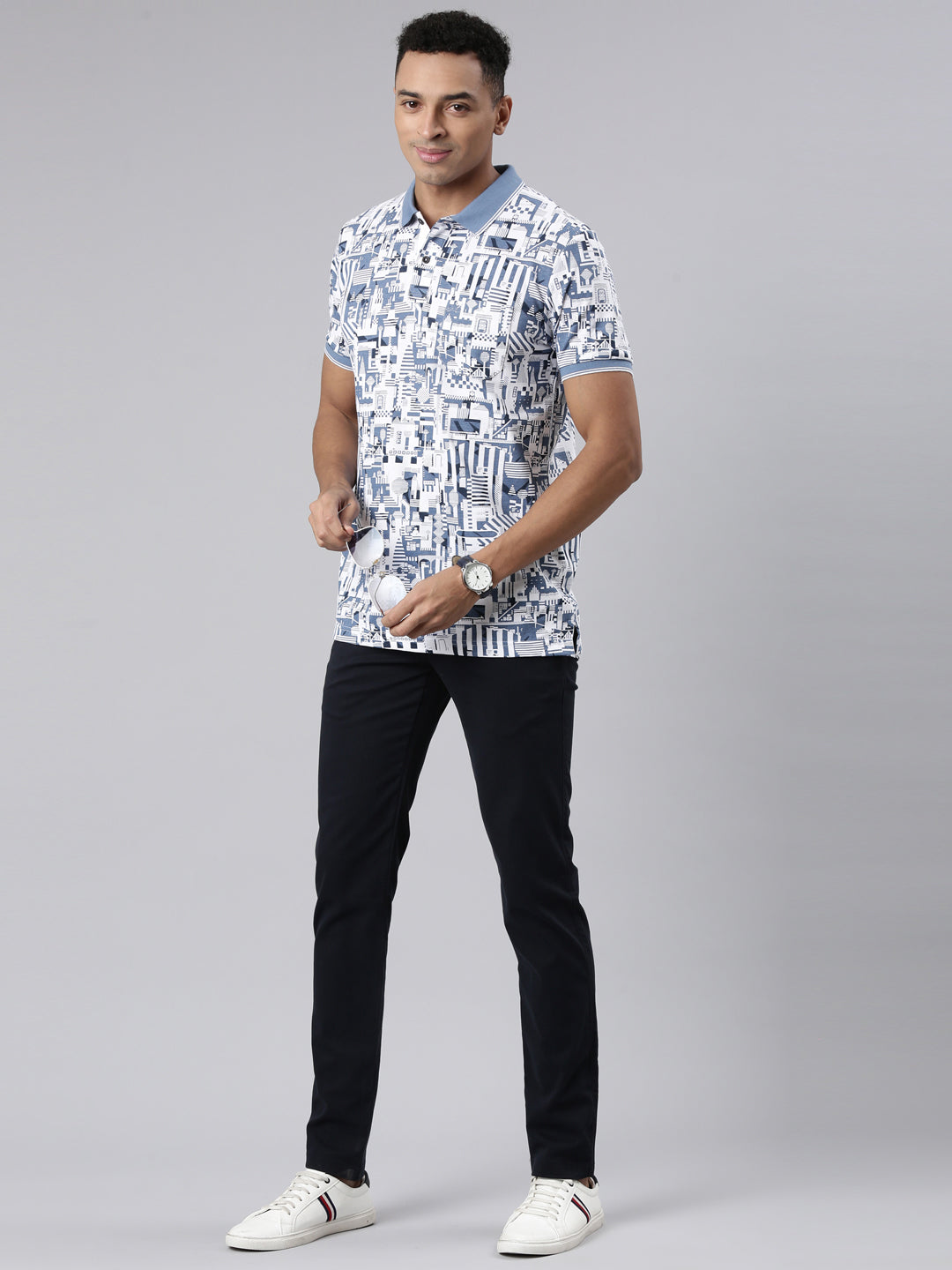 Classic Polo Men's Half Sleeve Blue/White Polo Neck Cotton Blend Slim Fit T-Shirt | BEAU - 267 A SF P