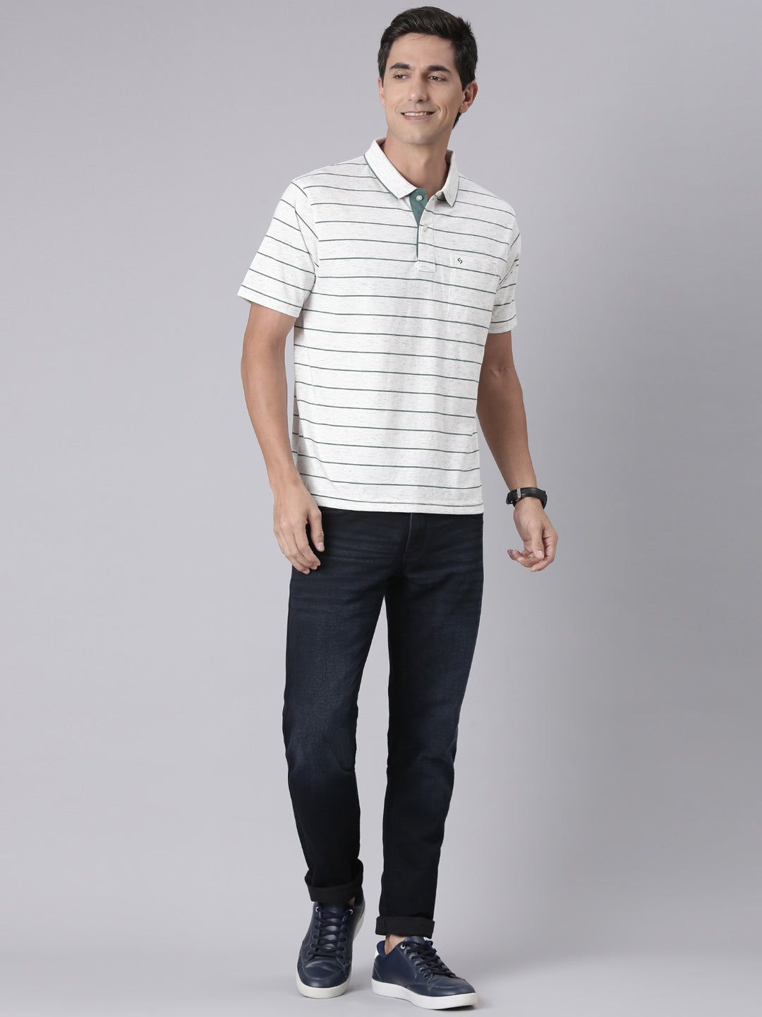 Classic Polo Men's Half Sleeve White Polo Neck Authentic Fit Striped Cotton T-Shirt | MEL - 271 A AF P
