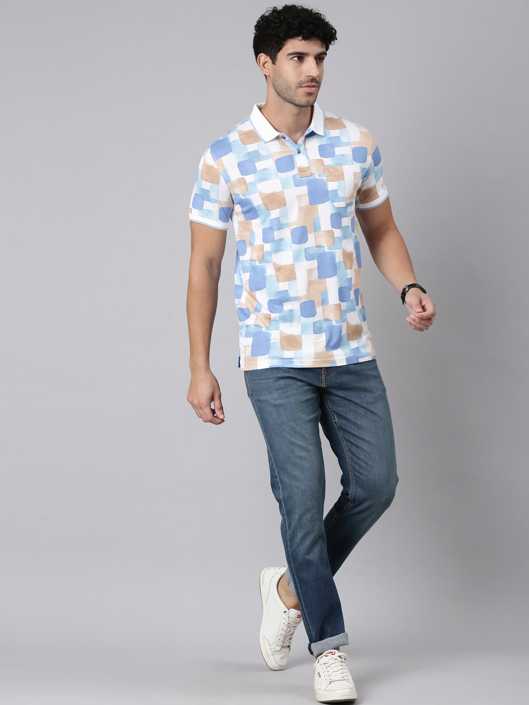 Classic Polo Men's Half Sleeve Multicolor Polo Neck Slim Fit All-Over Print Cotton T-Shirt | BELLO - 381 A SF P