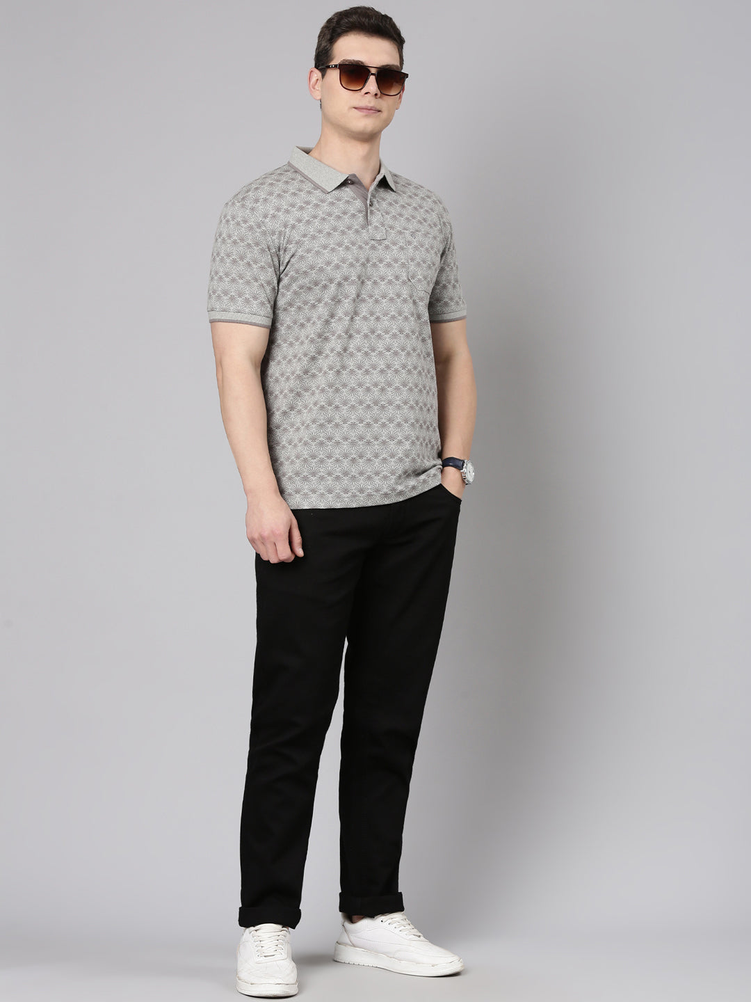 Classic Polo Men's Half Sleeve Grey Polo Neck Slim Fit All Over Print Cotton T-Shirt | BEAU - 282 B SF P