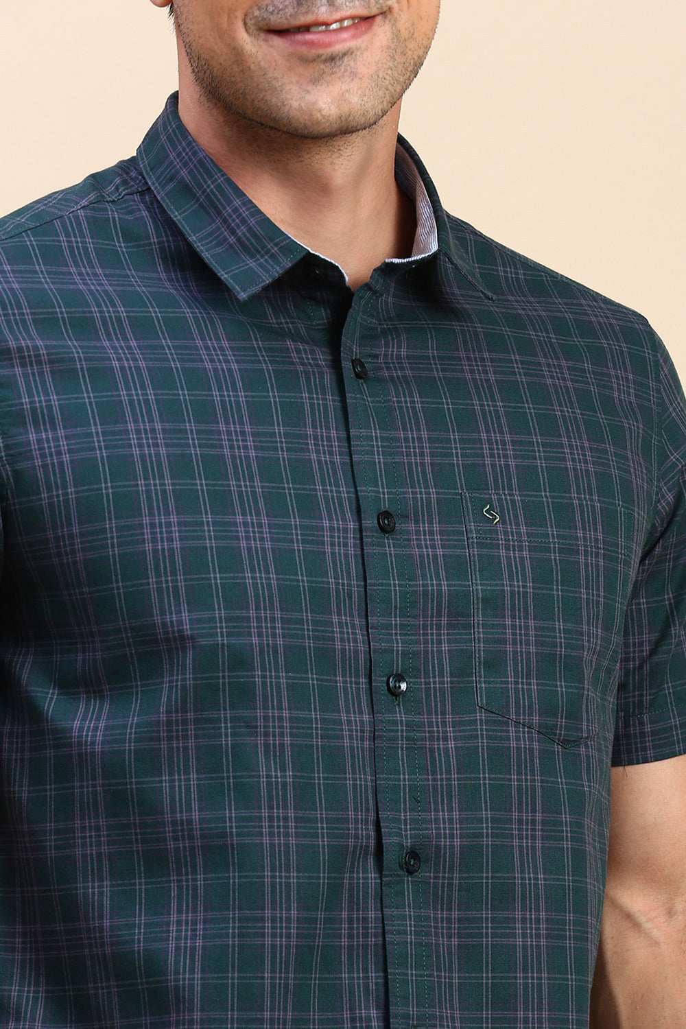 Classic Polo Men's Half Sleeve Dark Green Polo Neck Slim Fit Checked Shirt | SP2-CL-78 A-HS-CHK-SF