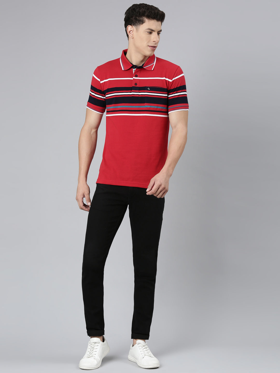 Classic Polo Mens Striped Red Polo Neck Slim Fit T-Shirt | VTA - 261 B SF P
