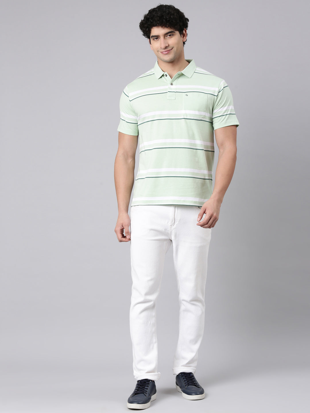 Classic Polo Men's Half Sleeve Light Green/White Polo Neck Authentic Fit Striped Cotton Blend T-Shirt | AVON - 655 B AF P