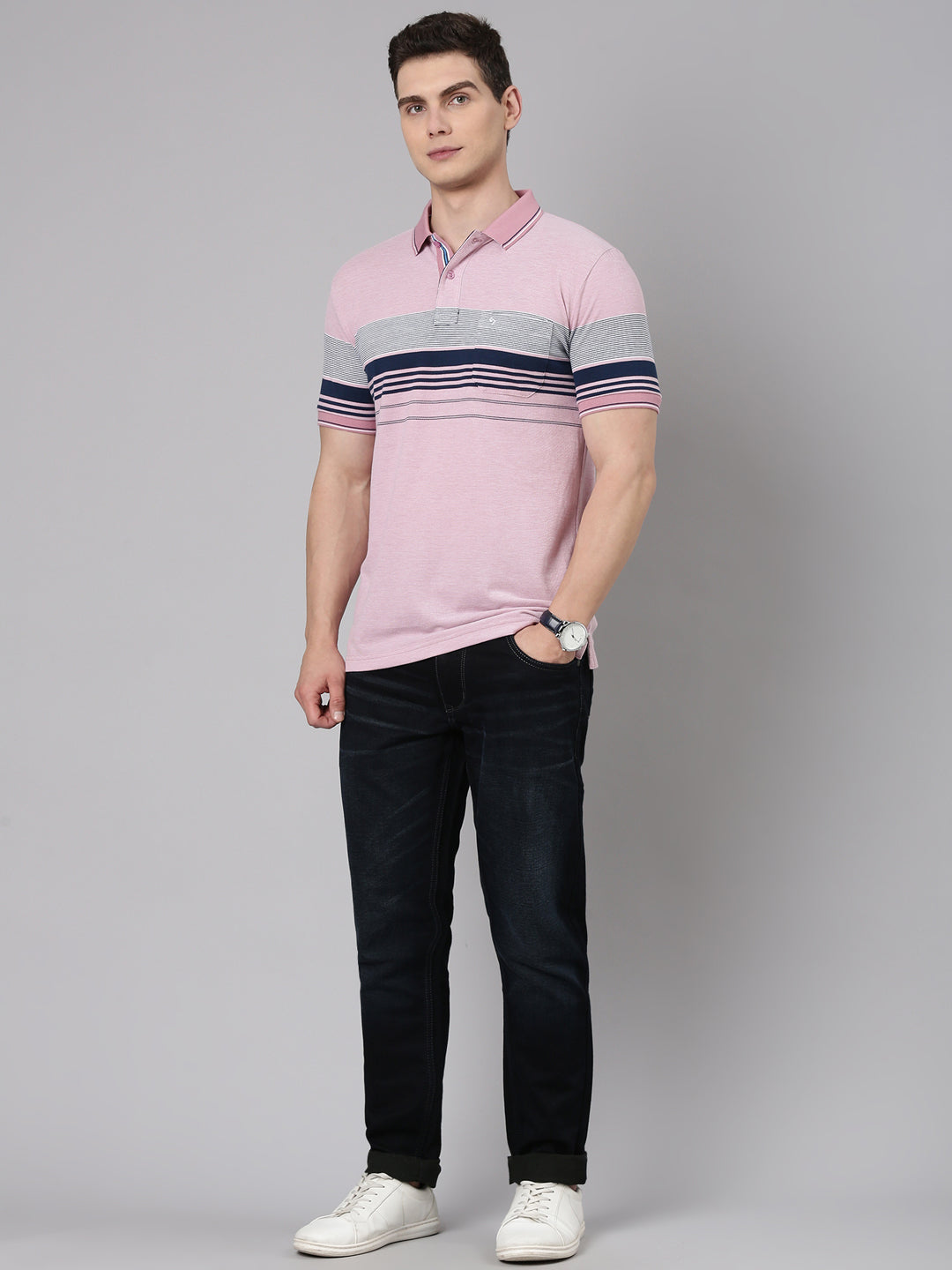 Classic Polo Men's Half Sleeve Multicolor Polo Neck Slim Fit Striped Cotton Blend T-Shirt | VTA - 313 B SF P