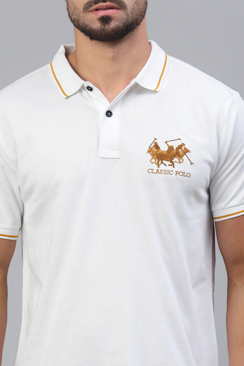 Classic Polo Men's Half Sleeve White Polo Neck Slim Fit Embroidery T-Shirt