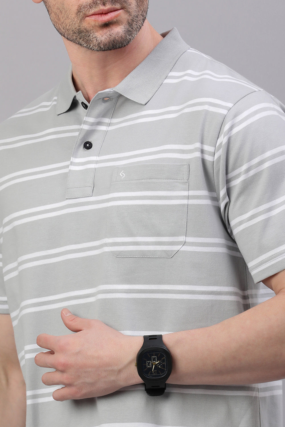 Classic Polo Men's Half Sleeve Grey/White Polo Neck Authentic Fit Striped T-Shirt | AVON - 603 A AF P