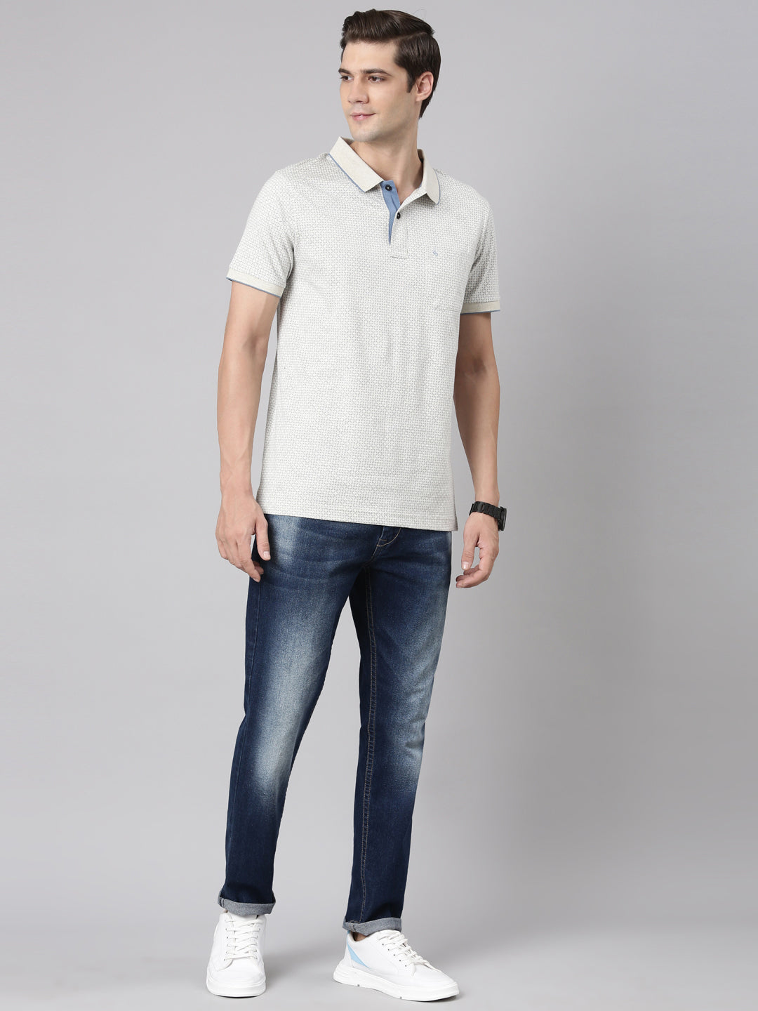 Classic Polo Men's Polo Neck Cotton White/Blue Slim Fit Printed T-Shirt | BELLO-286 A SF P