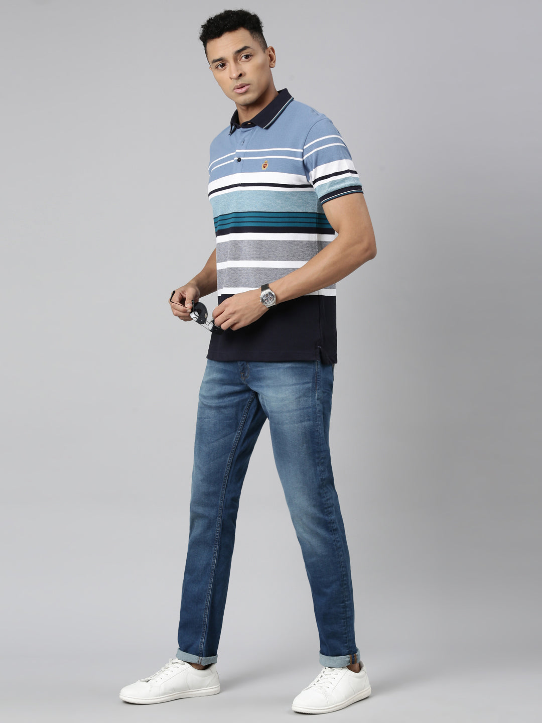 Classic Polo Men's Polo Neck Cotton White/Navy Slim Fit Striped T-Shirt | VTA-278 A SF P