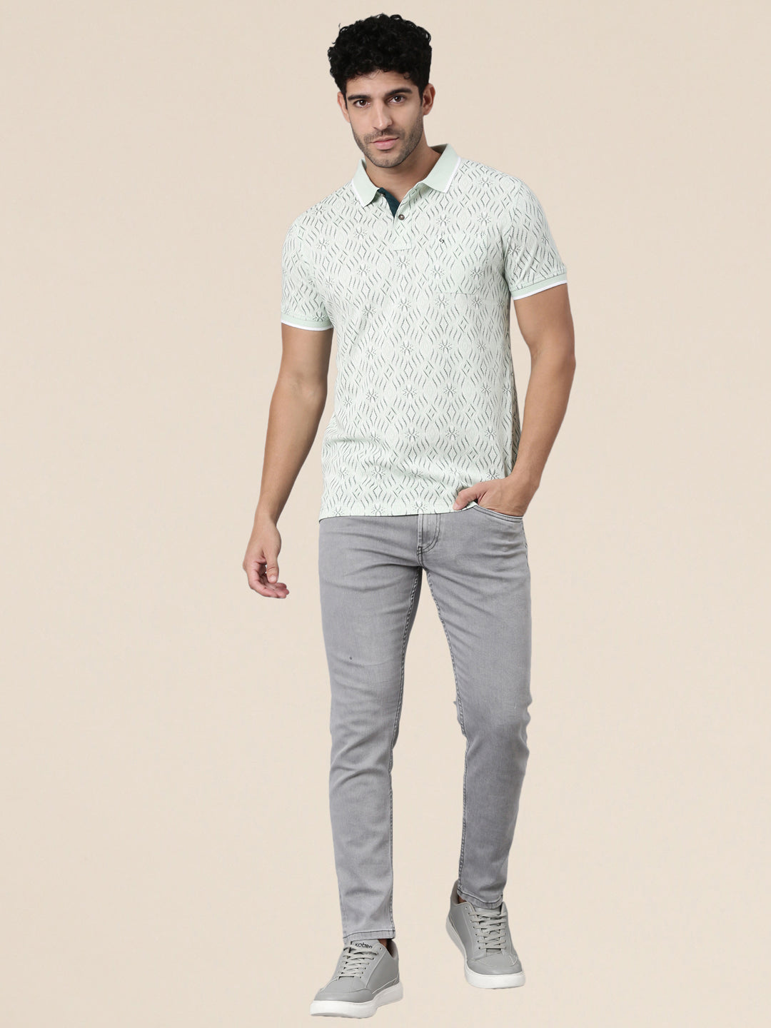 Classic Polo Men's Half Sleeve Light Green Polo Neck Slim Fit All-Over Print Cotton T-Shirt | BEAU - 307 B SF P