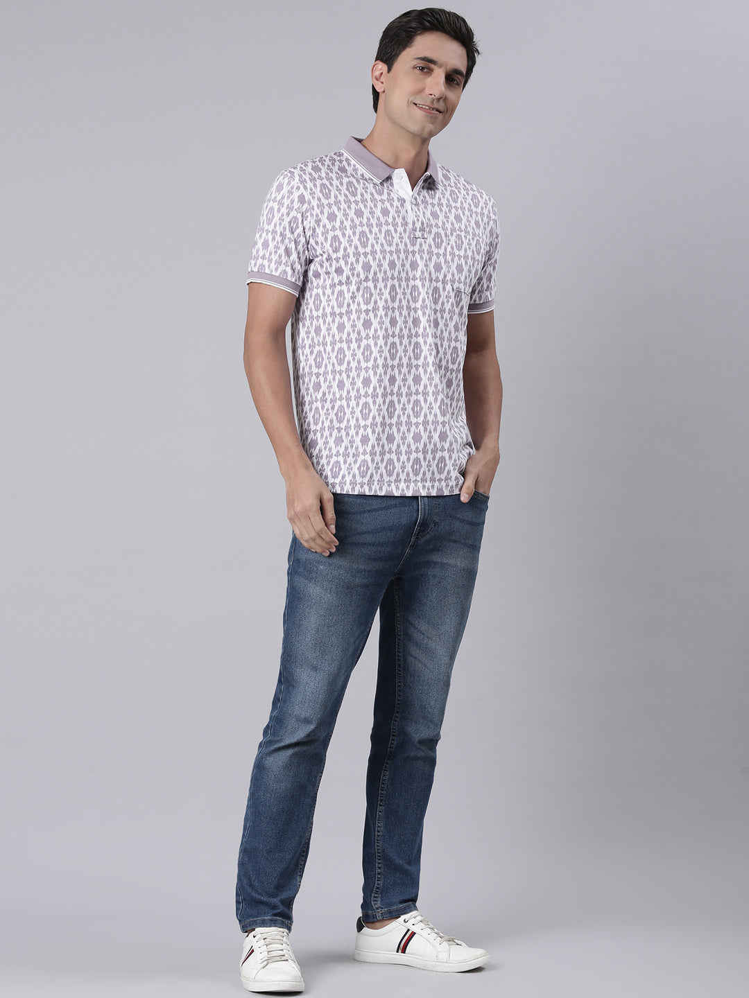 Classic Polo Men's Half Sleeve Lavender/White Polo Neck Slim Fit All Over Print Cotton T-Shirt | LTS-AOP - 101 B SF P