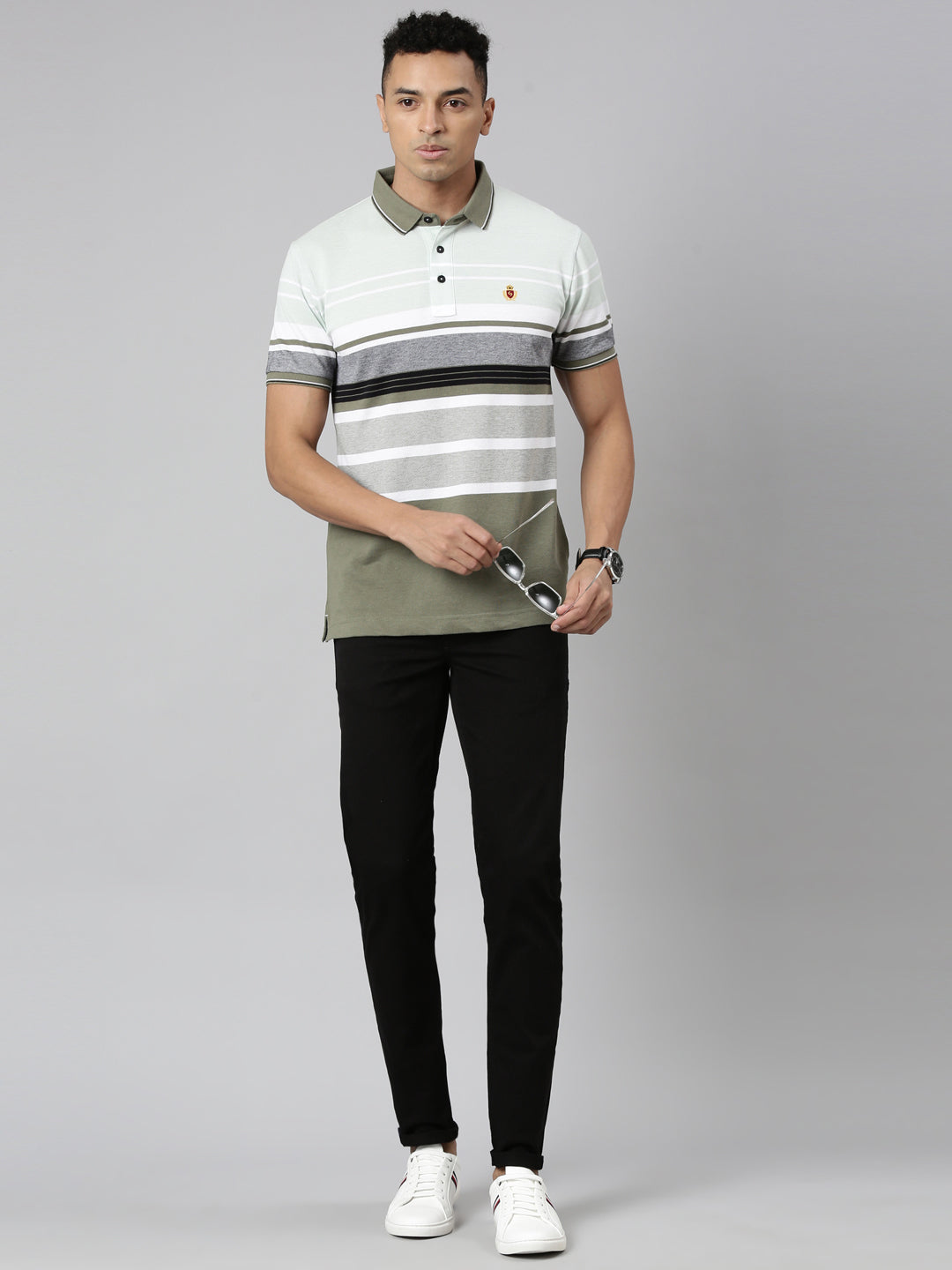 Classic Polo Men's Polo Neck Cotton White/Navy Slim Fit Striped T-Shirt | VTA-278 B SF P