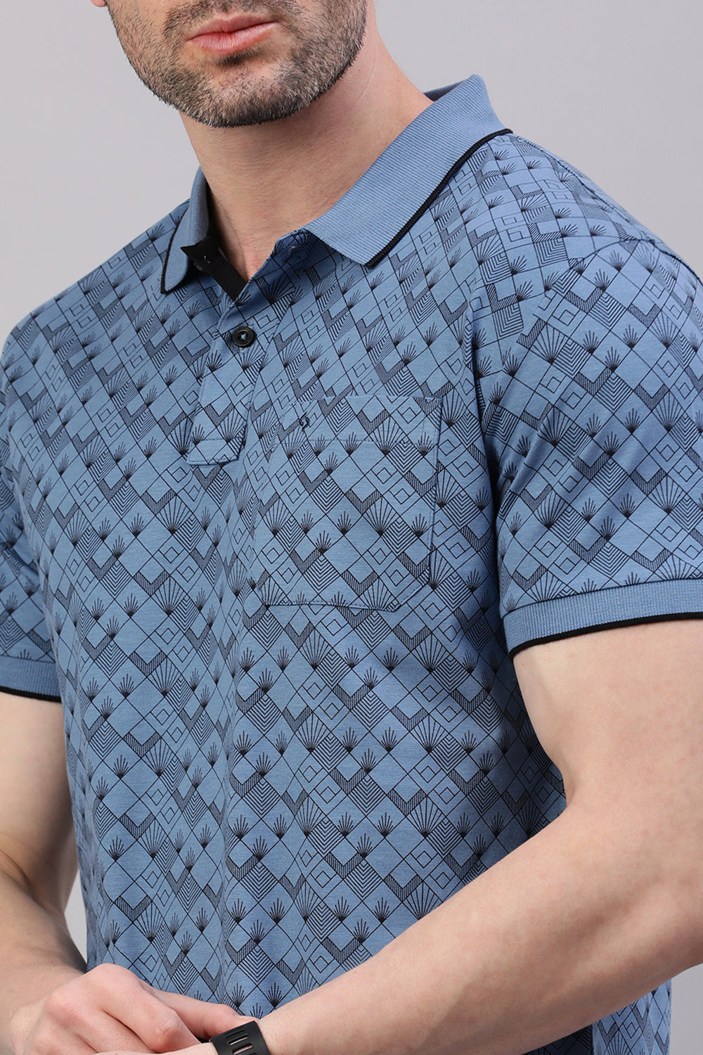 Classic Polo Men's Half Sleeve Lagoon Blue Polo Neck Slim Fit All Over Print T-Shirt | BELLO - 320 A SF P