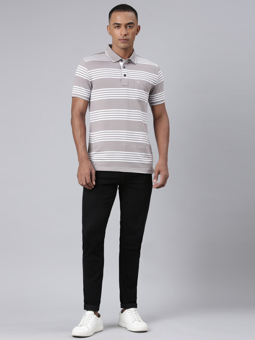 Classic Polo Mens Striped Grey Polo Neck Slim Fit T-Shirt | VTA - 274 A SF P
