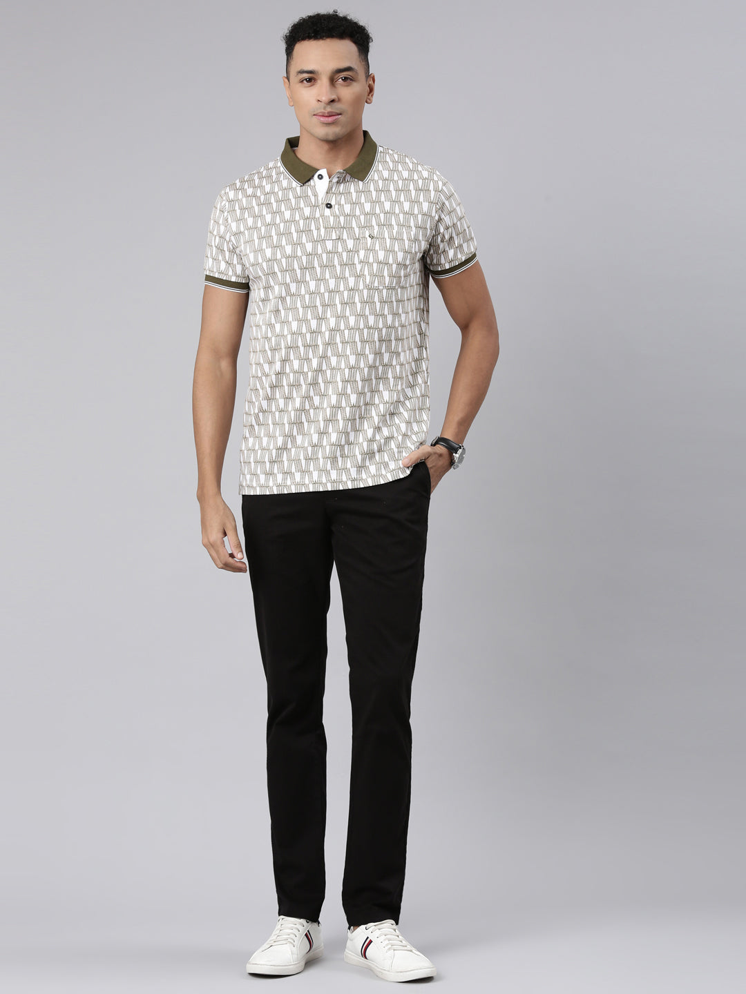 Classic Polo Men's Half Sleeve Olive/White Polo Neck Cotton Blend Slim Fit T-Shirt | BELLO - 304 B SF P